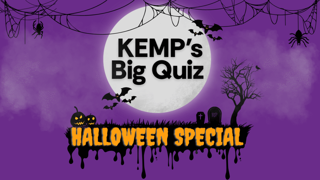 purple background with halloween features including bats, spiders and a haunted house. Text in the middle on a moon saying KEMP Hospice Big Quiz