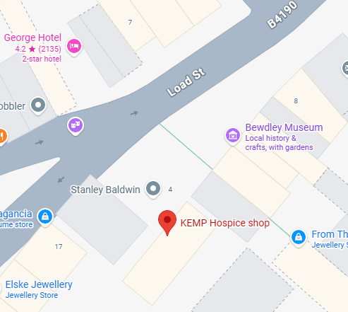 google map showing the locations of the kemp hospice shop in bewdley