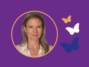 photo of a lady with blonde hair in a grphic with a purple background and butterflies