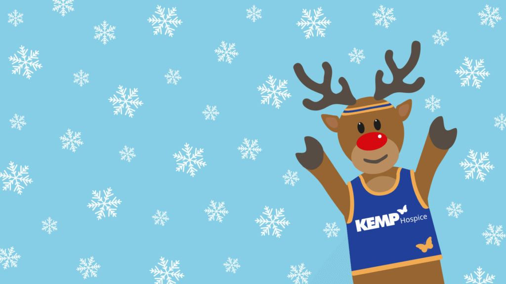 Cartoon reindeer with a running vest on with snowflakes surrounding it on a blue background