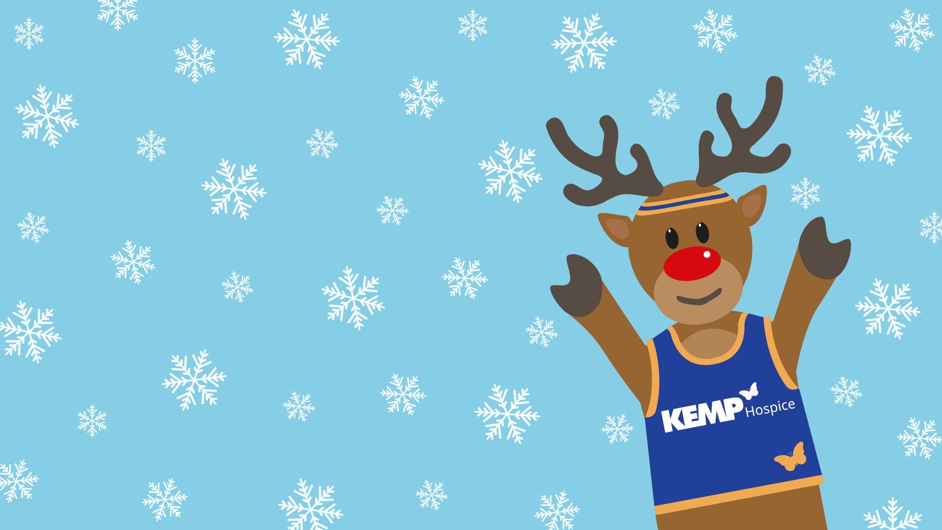 Cartoon reindeer with a running vest on with snowflakes surrounding it on a blue background