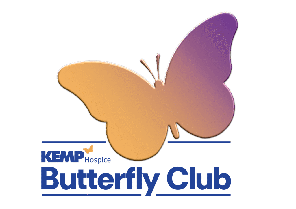 butterfly shape with a yellow to purple gradient and blue text saying kemp hospice butterfly club