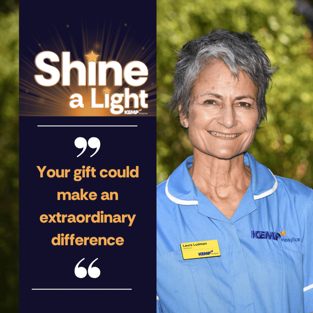 text and a quote on the left hand side in a dark blue vertical box with a photo of a nurse on the right hand side wearing blue scrubs in a garden.