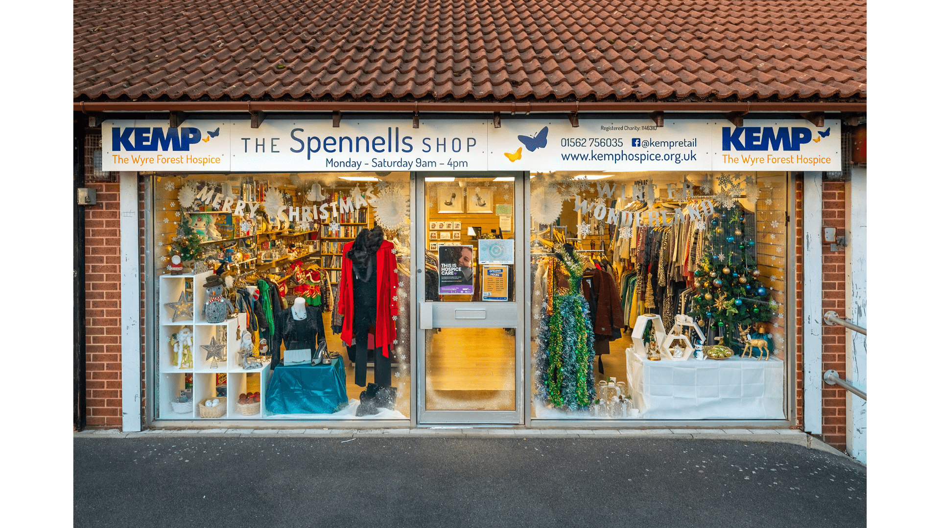 view of a shop window with a Christmas display