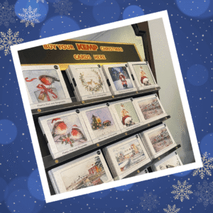 photo of a display unit with several boxes of Christmas cards on a blue wintery background scene.