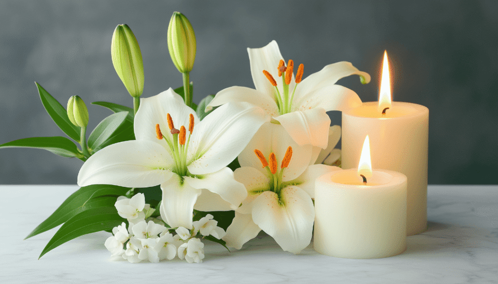 lilys and candles sit on a table